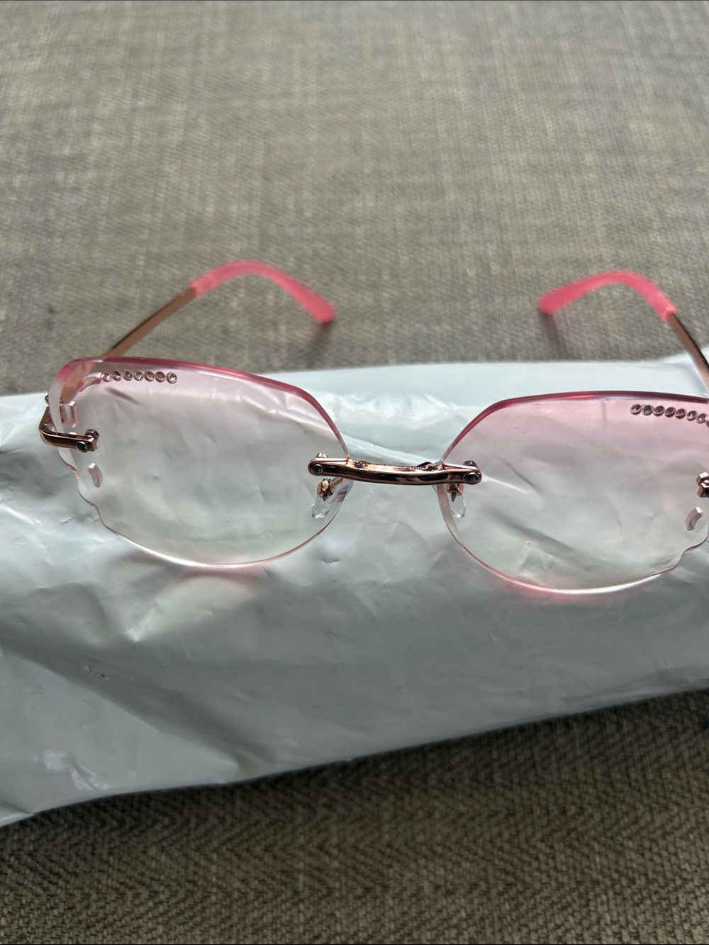 Rimless Pink Gradient Sunglasses with Crystal Accents
